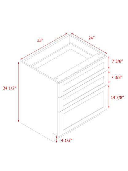 White Shaker - 33"W Drawer Base Cabinet 3-Drawers