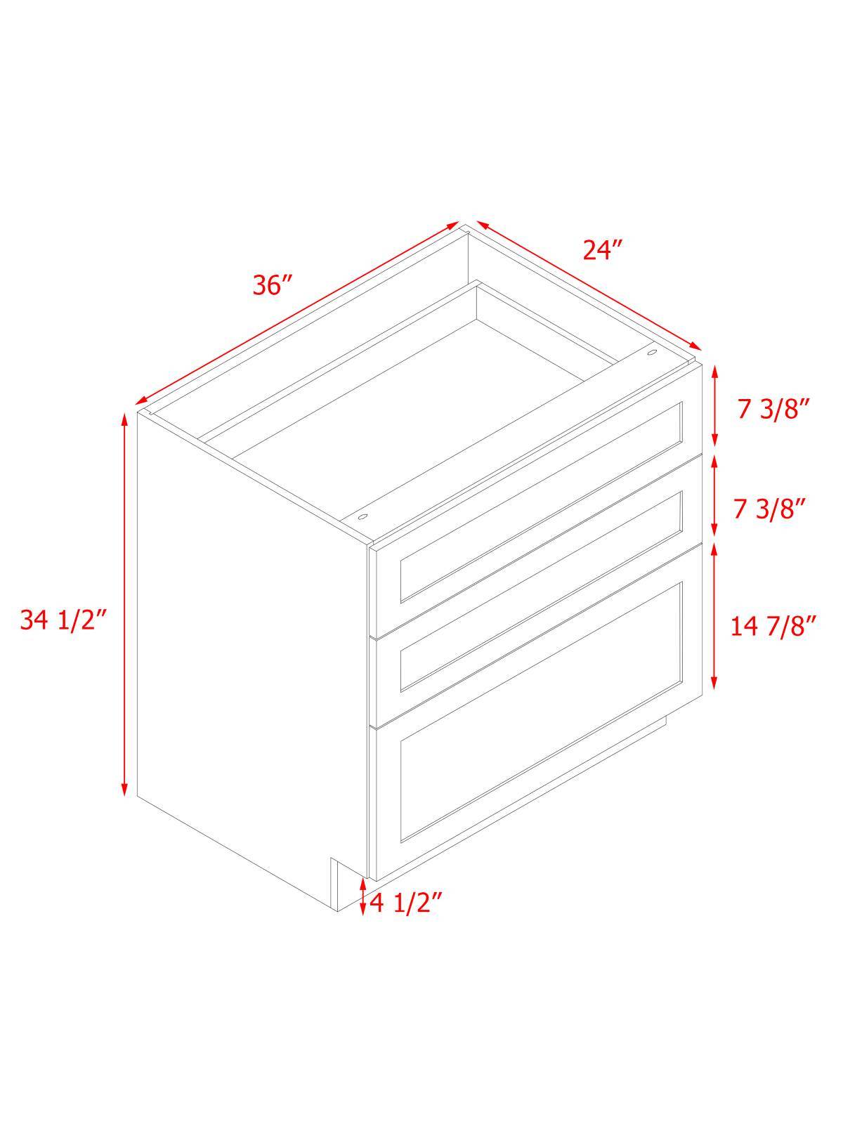 White Shaker - 36"W Drawer Base Cabinet 3-Drawers