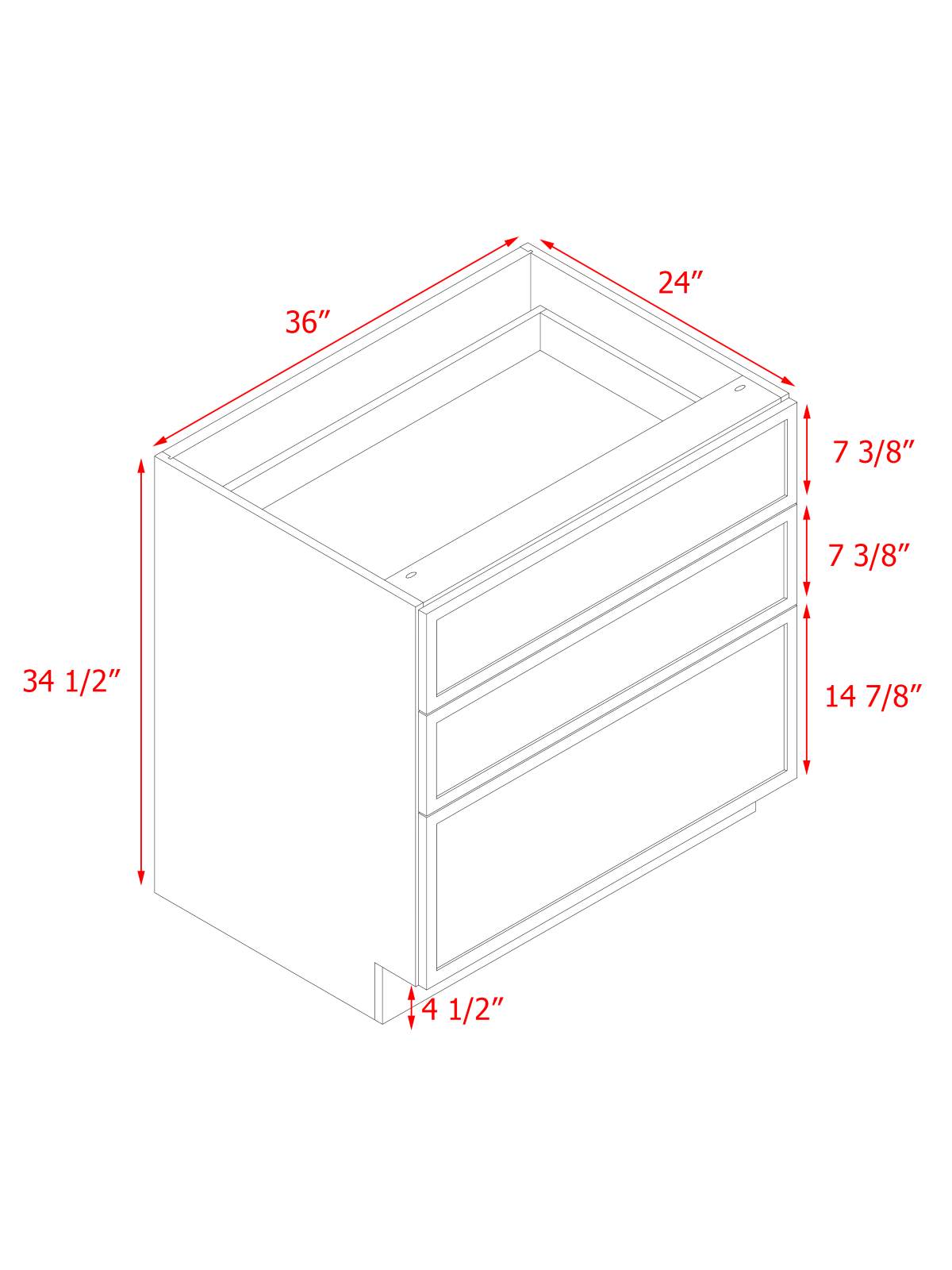 Natural Box Oak Slim - 36"W Drawer Base Cabinet 3-Drawers