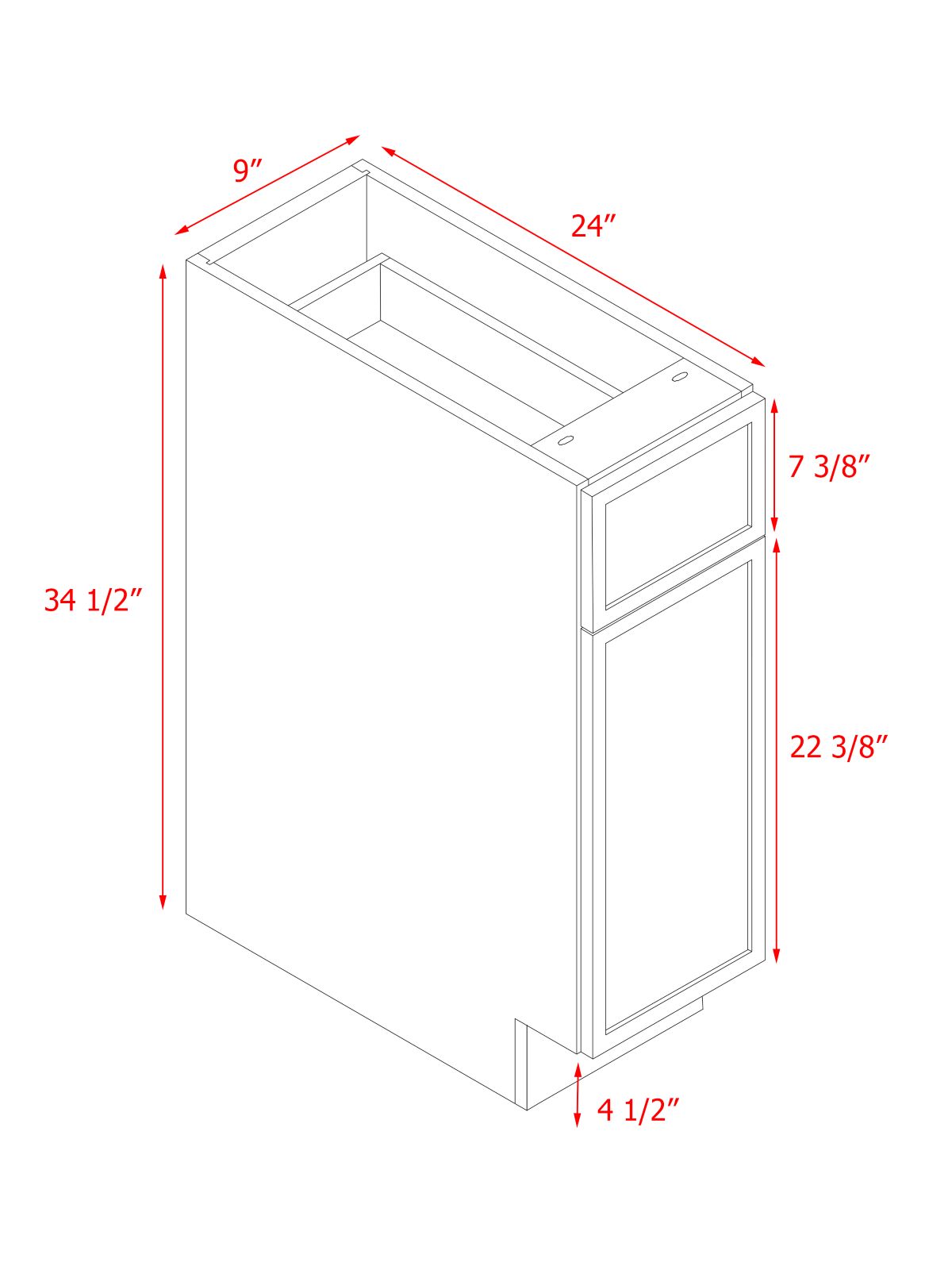 Natural Box Oak Slim - 9"W Standard Base Cabinet 1-Door 1-Drawer 1-Adjustable Shelf