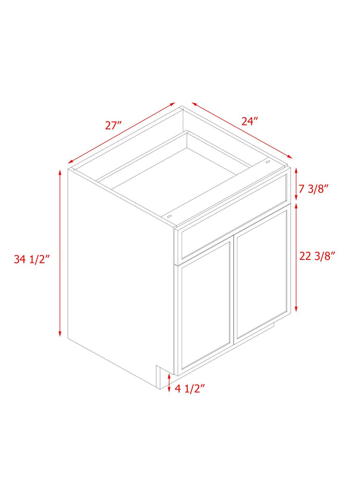 Slim White Shaker - 27"W Standard Base Cabinet 2-Doors 1-Drawer 1-Adjustable Shelf