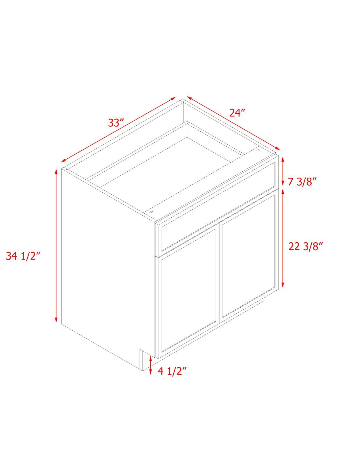 Slim White Shaker - 33"W Standard Base Cabinet 2-Doors 1-Drawer 1-Adjustable Shelf