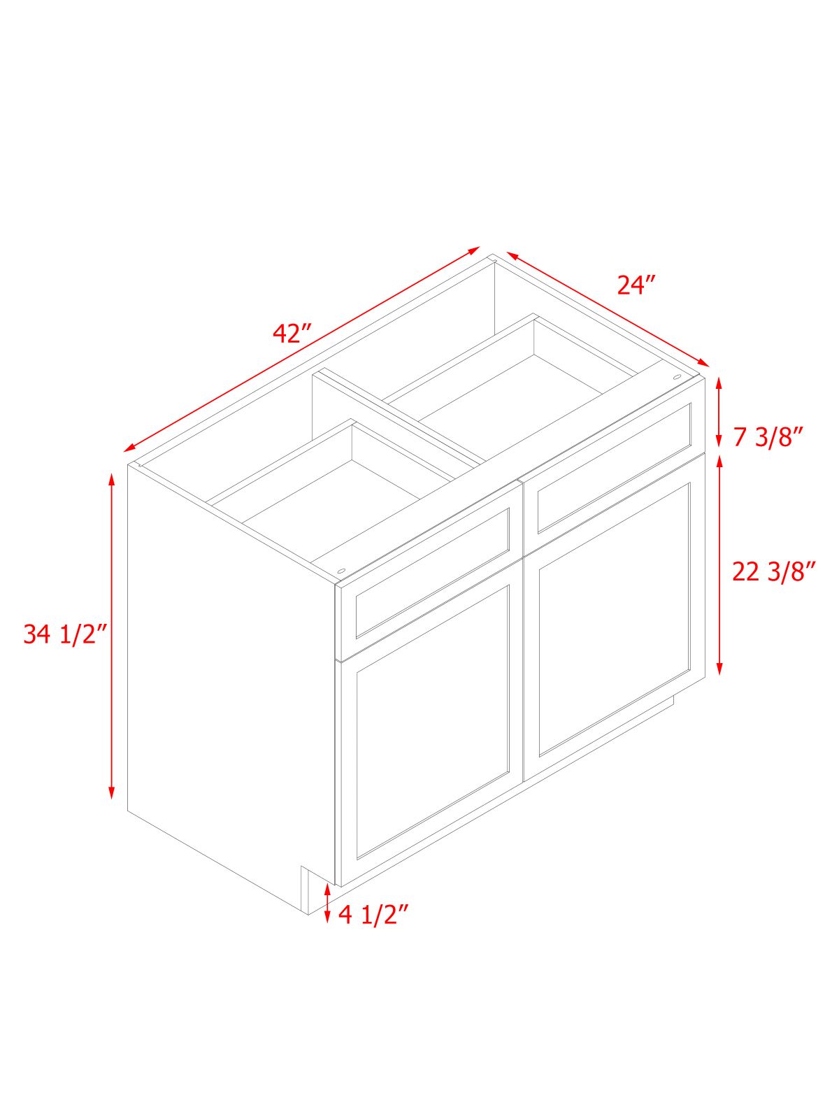 White Shaker - 42"W Standard Base Cabinet 2-Doors 2-Drawers 1-Adjustable Shelf