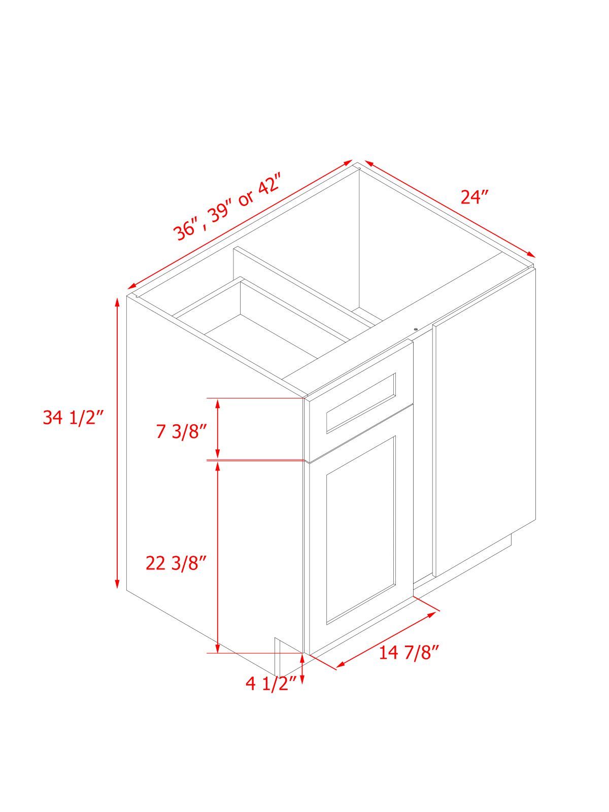 White Box Gray Shaker - 42"W Blind Corner Base Cabinet 1-Door 1-Drawer 1-Adjustable Shelf