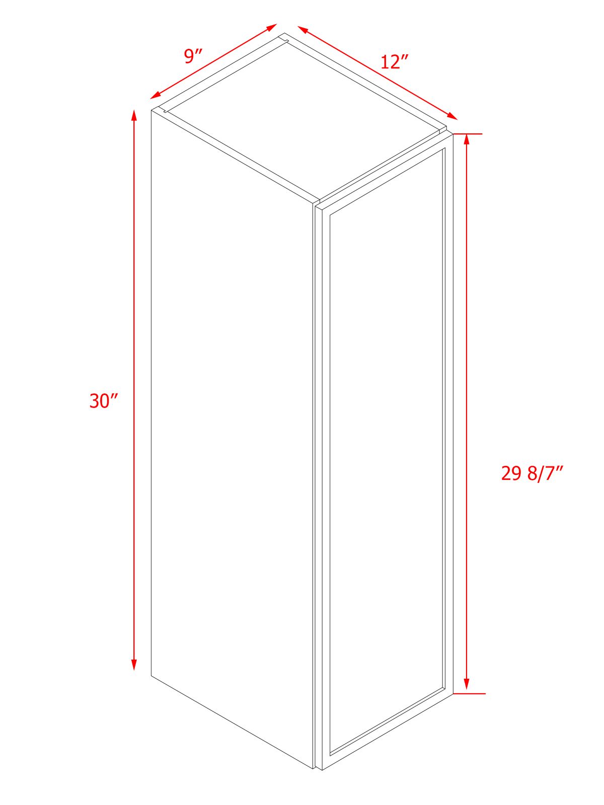 Slim White Shaker - 9"W × 30"H Standard Wall Cabinet 1-Door 2-Adjustable Shelves