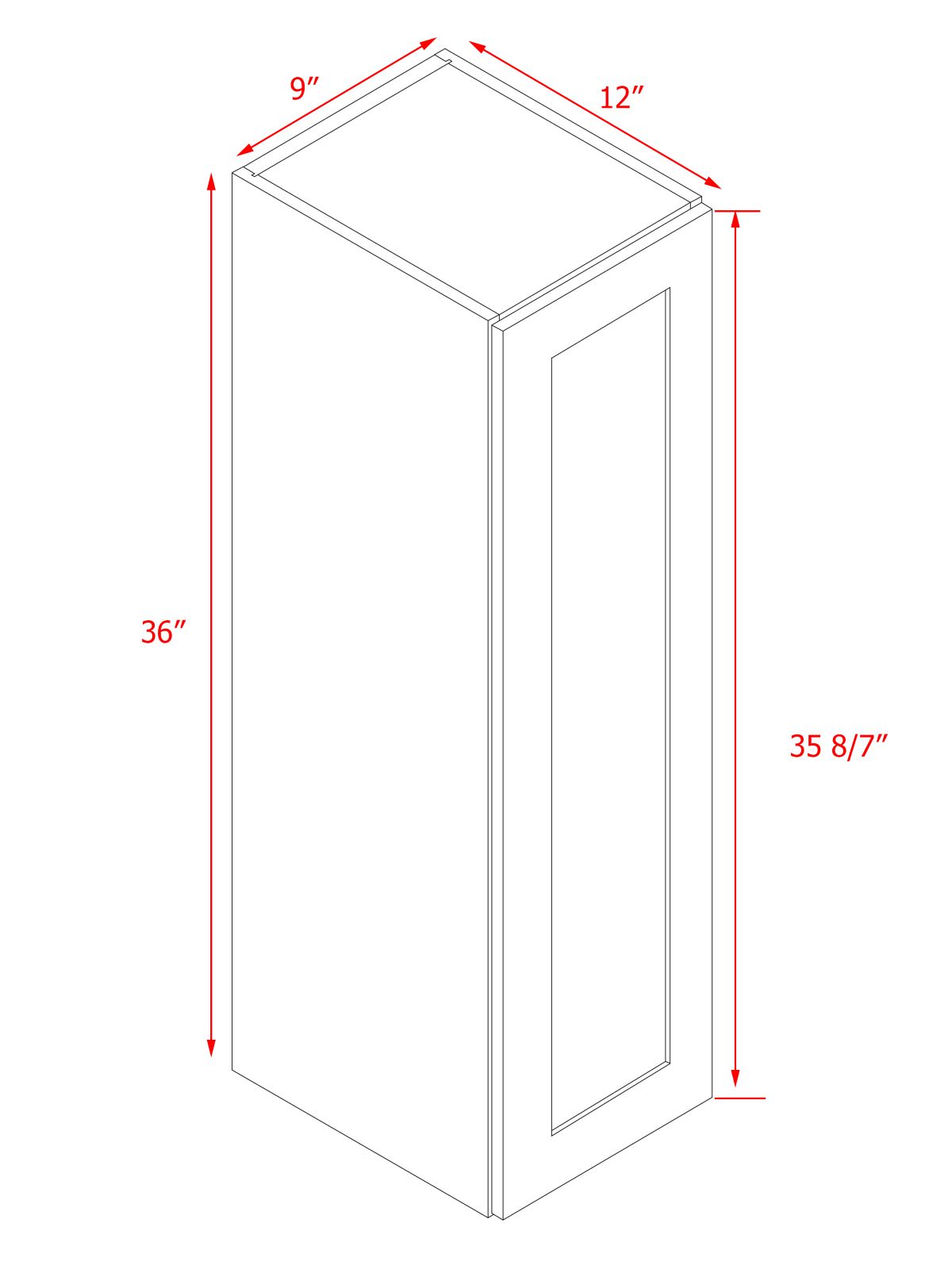 White Shaker - 9"W × 36"H Standard Wall Cabinet 1-Door 3-Adjustable shelves