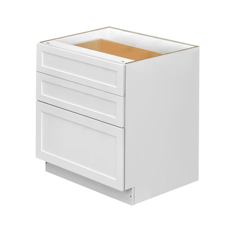 White Shaker - 33"W Drawer Base Cabinet 3-Drawers