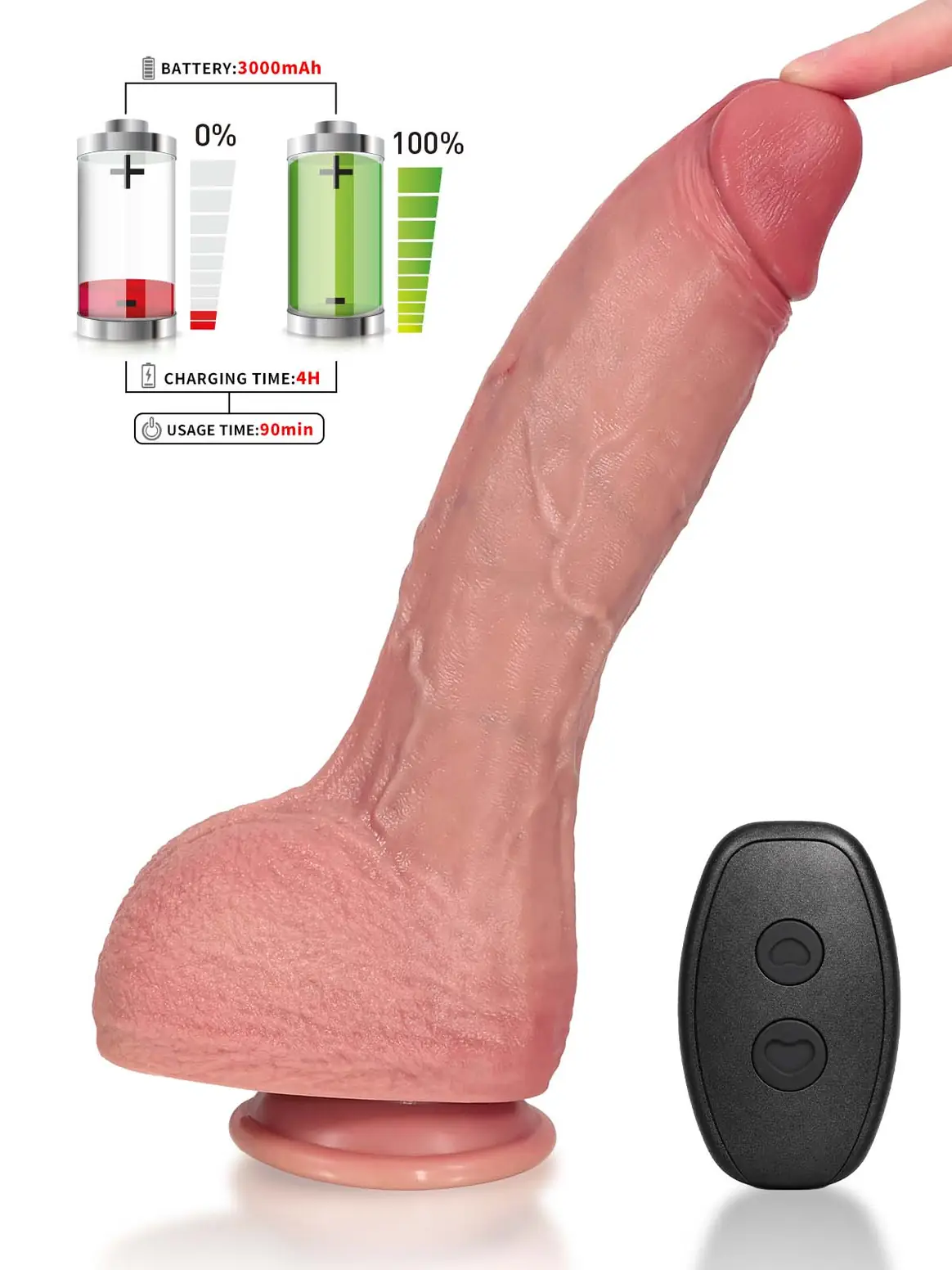 Vincent |  11" x 2.2 " Warming Real-Skin Thrusting Dildo with Vibration & Waterproof Build