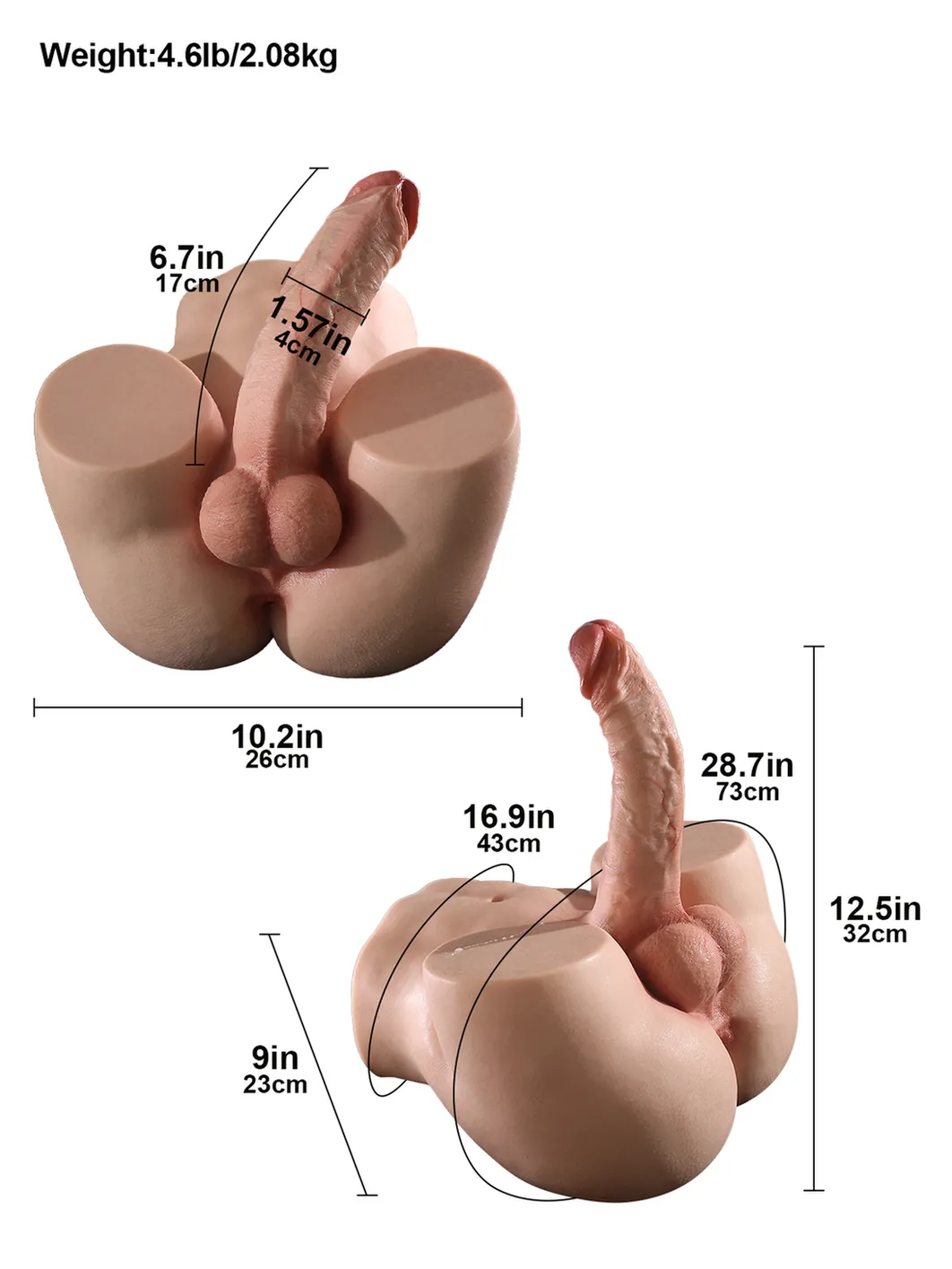 Asher  8.6" x 2.1" Lifelike Torso Dildo with Soft Booty and Anal Channel