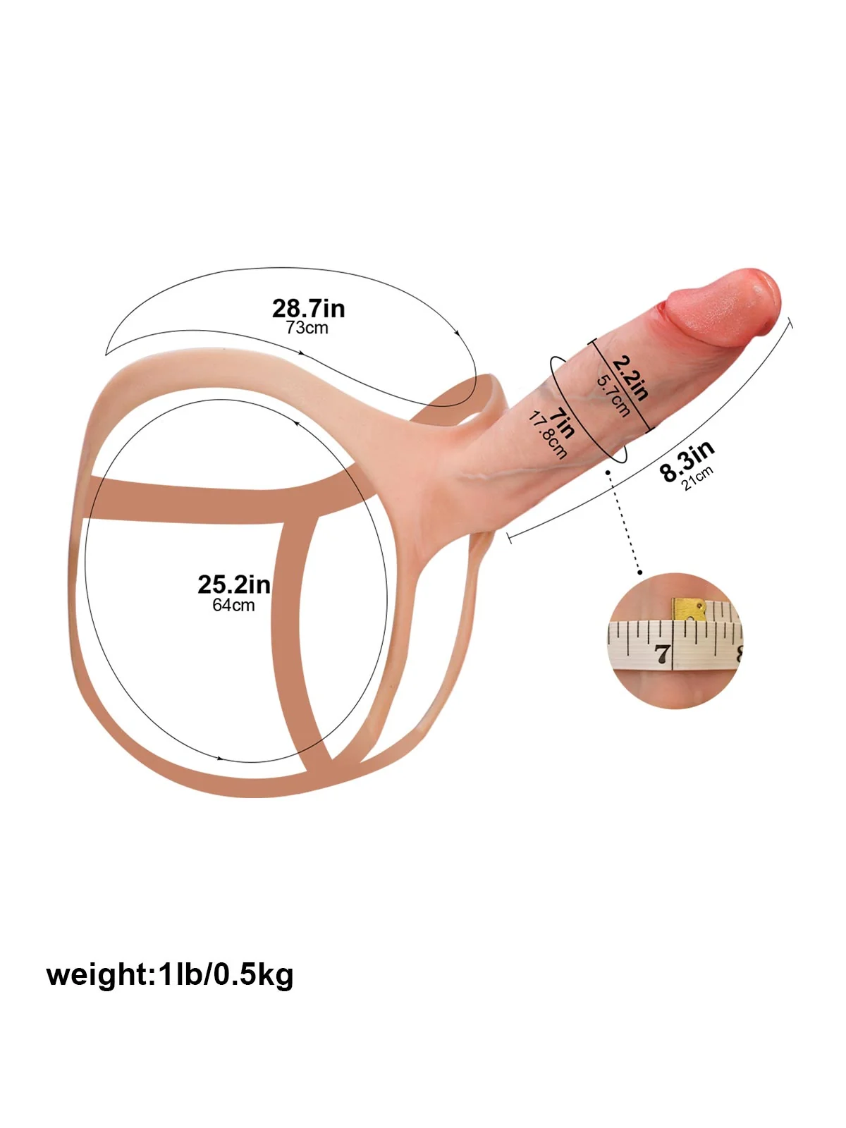 Seraphine  8.3" x 2.2"  Hollow 3D Ridged Realistic Wearable Support Dildo