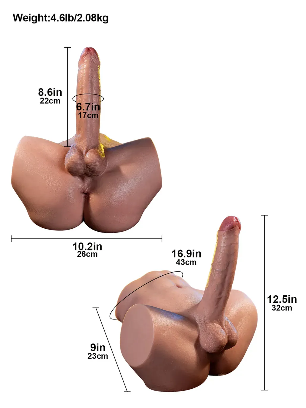 Asher  8.6" x 2.1" Lifelike Torso Dildo with Soft Booty and Anal Channel
