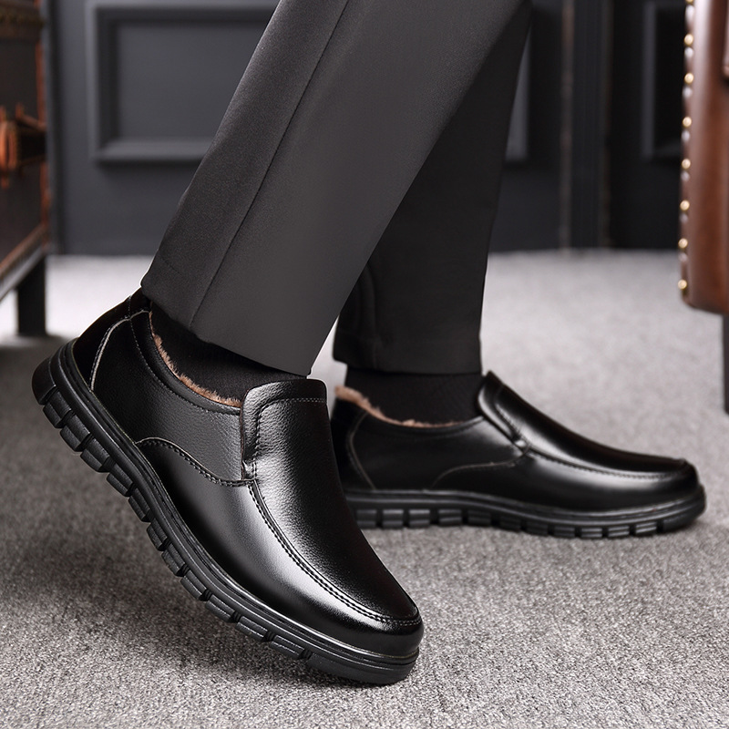 Men's Genuine Leather Slip-on Warm Winter Plush Soft Insole Casual Business Shoes