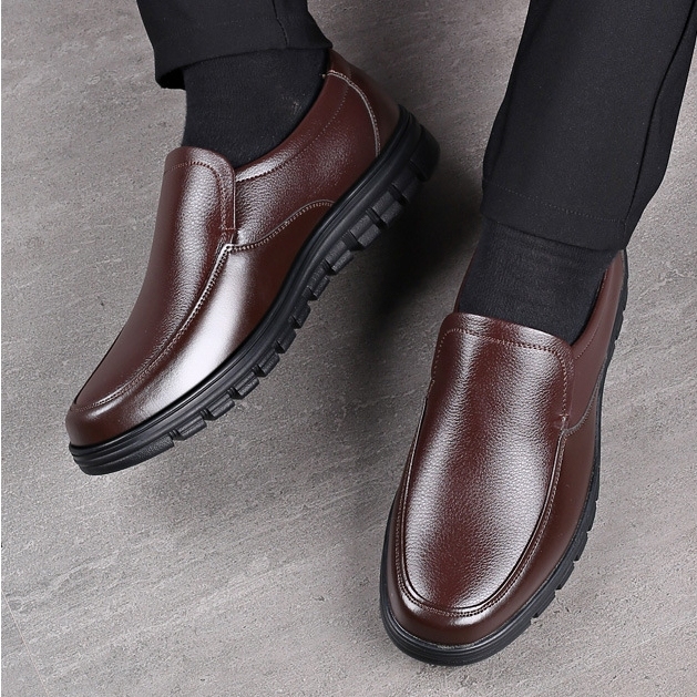 Men's Genuine Leather Slip-on Warm Winter Plush Soft Insole Casual Business Shoes