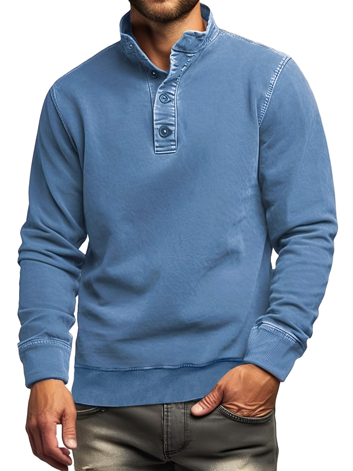 Men's Retro Casual Stand Collar Button Solid Color Sweatshirt