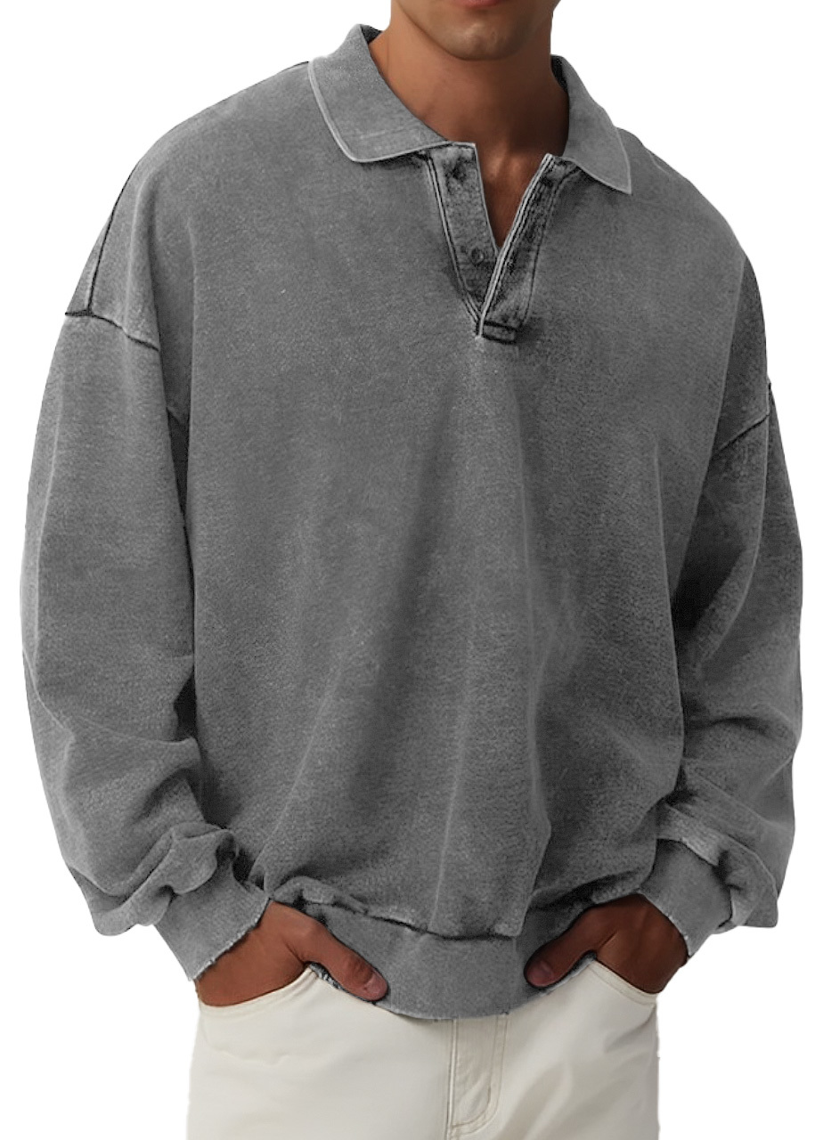 Men's Retro Fashion Distressed Lapel Long Sleeve Polo Sweatshirt