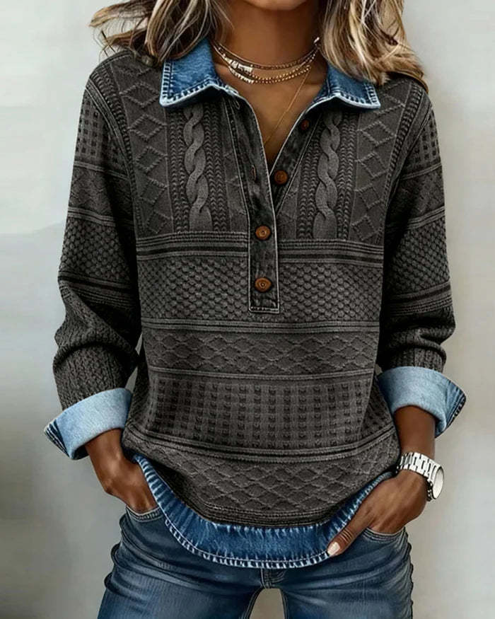 Velmora™ | Textured Knit Button-Collar Top