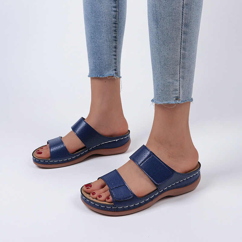 Women's Velcro solid color leather hollow breathable orthopedic wedge sandals