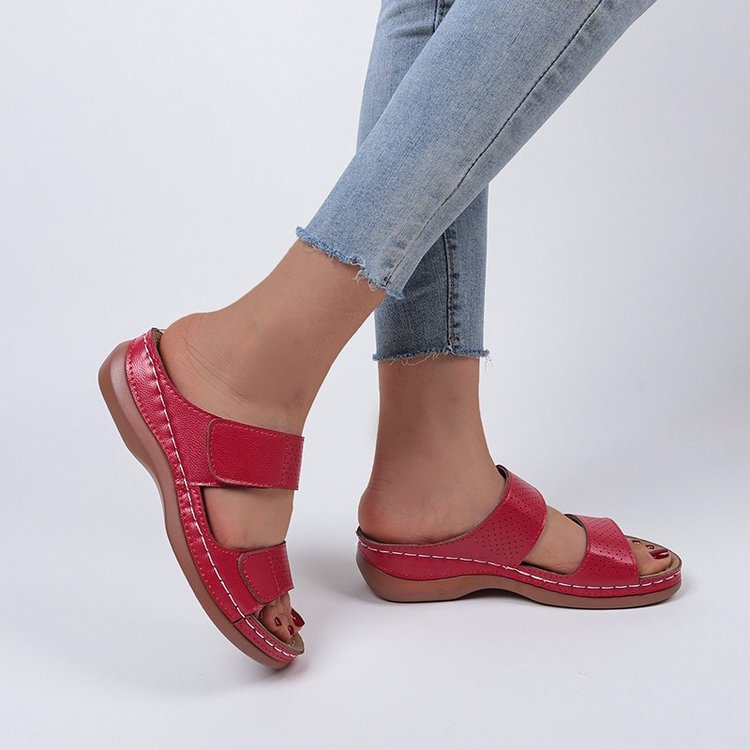 Women's Velcro solid color leather hollow breathable orthopedic wedge sandals
