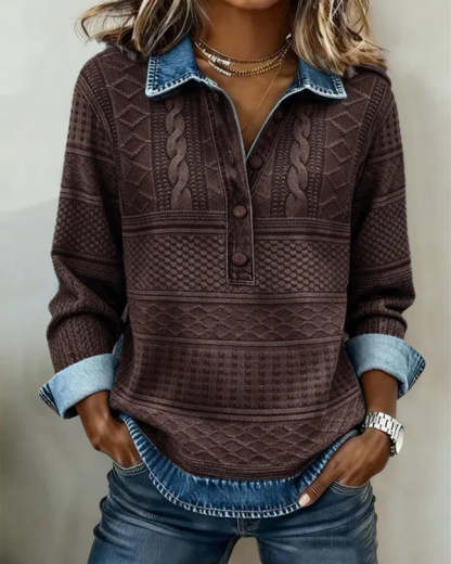 Velmora™ | Textured Knit Button-Collar Top