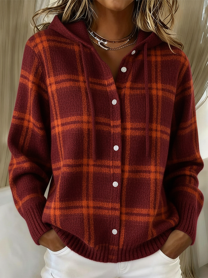 Vintage Soft Check Contrast Hooded Button Knit Cardigan Sweater