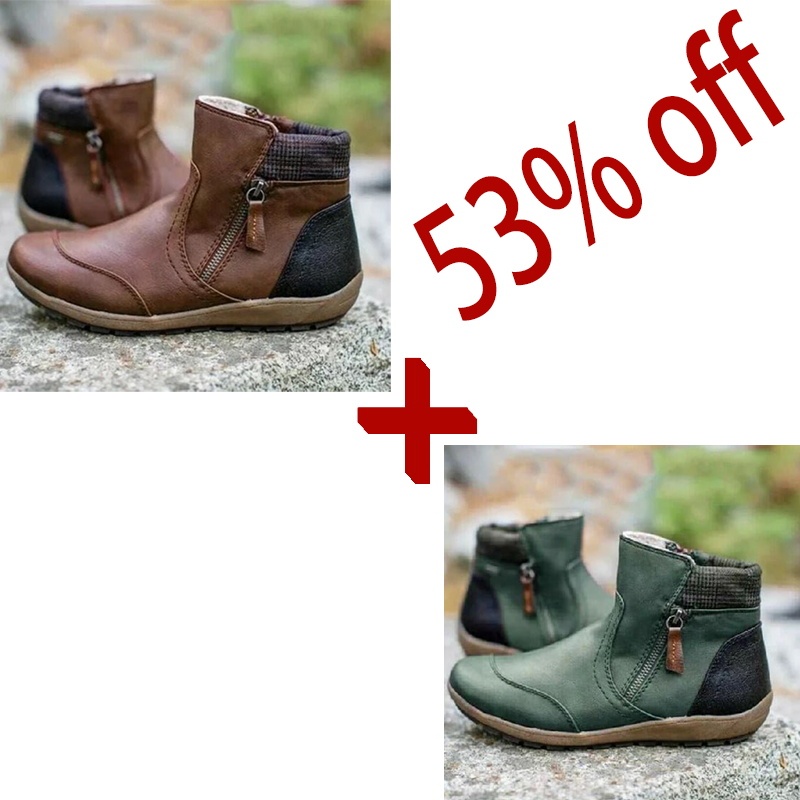 Women Vintage Round Toe Waterproof Zipper Ankle Boots