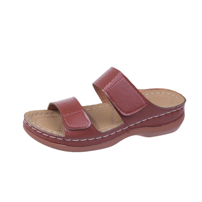 Women's Velcro solid color leather hollow breathable orthopedic wedge sandals