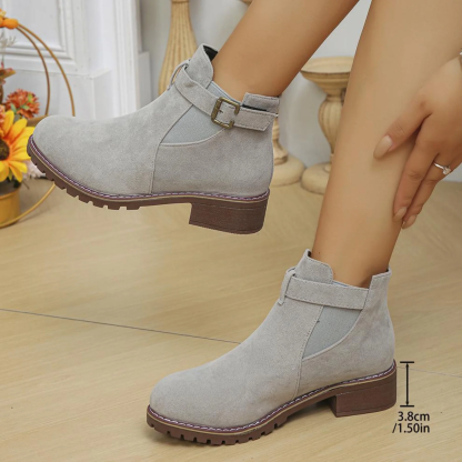 Women's Chunky Heel Ankle Boots - Fashion Casual Square Heel with Metal Belt Buckle, Comfortable Low Heel Slip-On Booties for Fall Winter