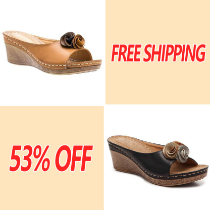 😍Last Day 50% OFF😍-Womens Comfy Leather Solid Flower Strap Wedge Sandals