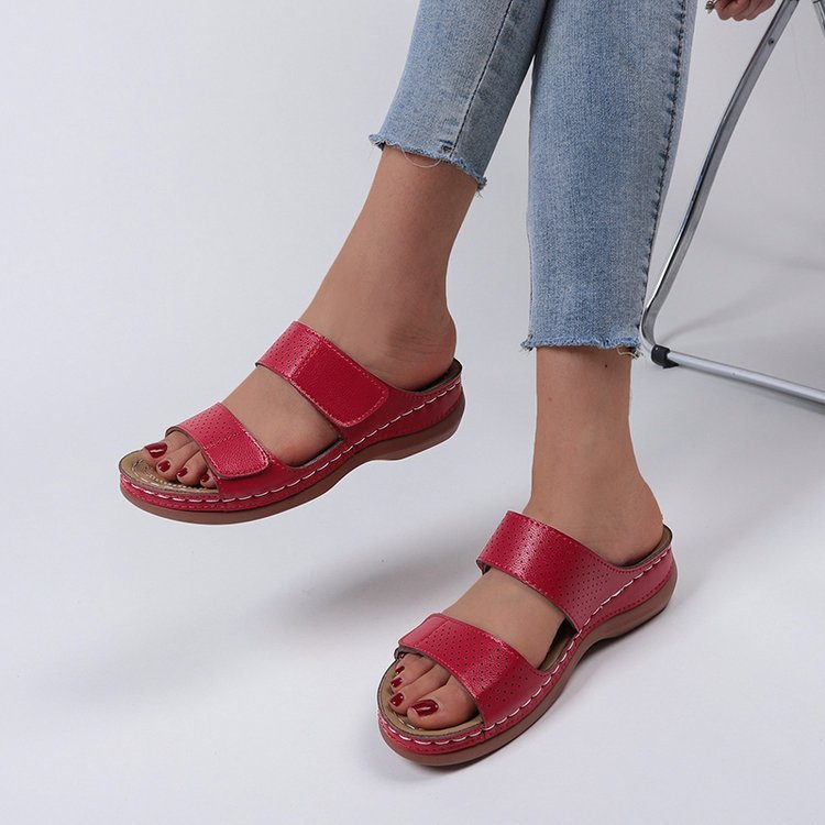 Women's Velcro solid color leather hollow breathable orthopedic wedge sandals