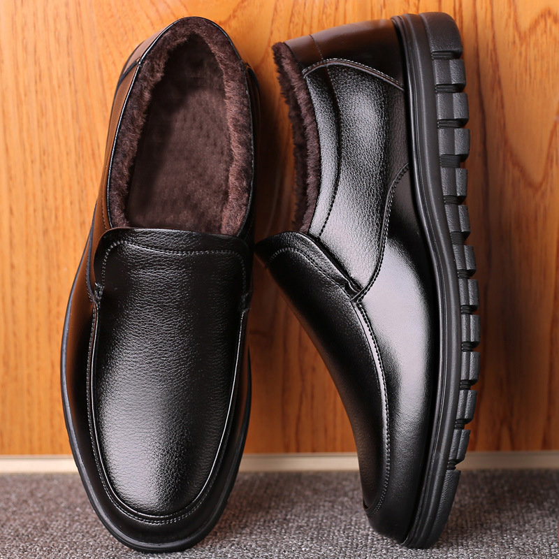 Men's Genuine Leather Slip-on Warm Winter Plush Soft Insole Casual Business Shoes