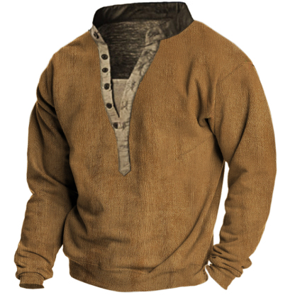 Men's Outdoor Vintage Corduroy Henley Collar Long Sleeve Sweatshirt