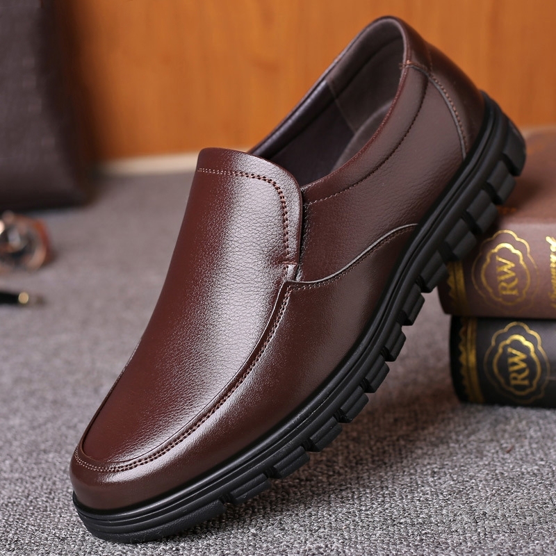 Men's Genuine Leather Slip-on Warm Winter Plush Soft Insole Casual Business Shoes