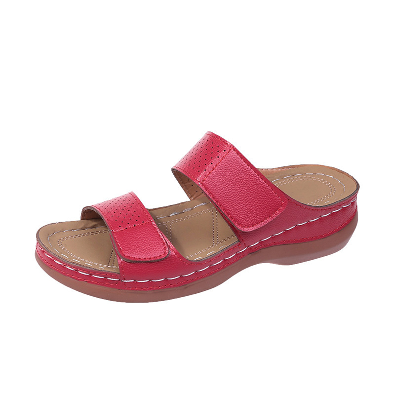 Women's Velcro solid color leather hollow breathable orthopedic wedge sandals