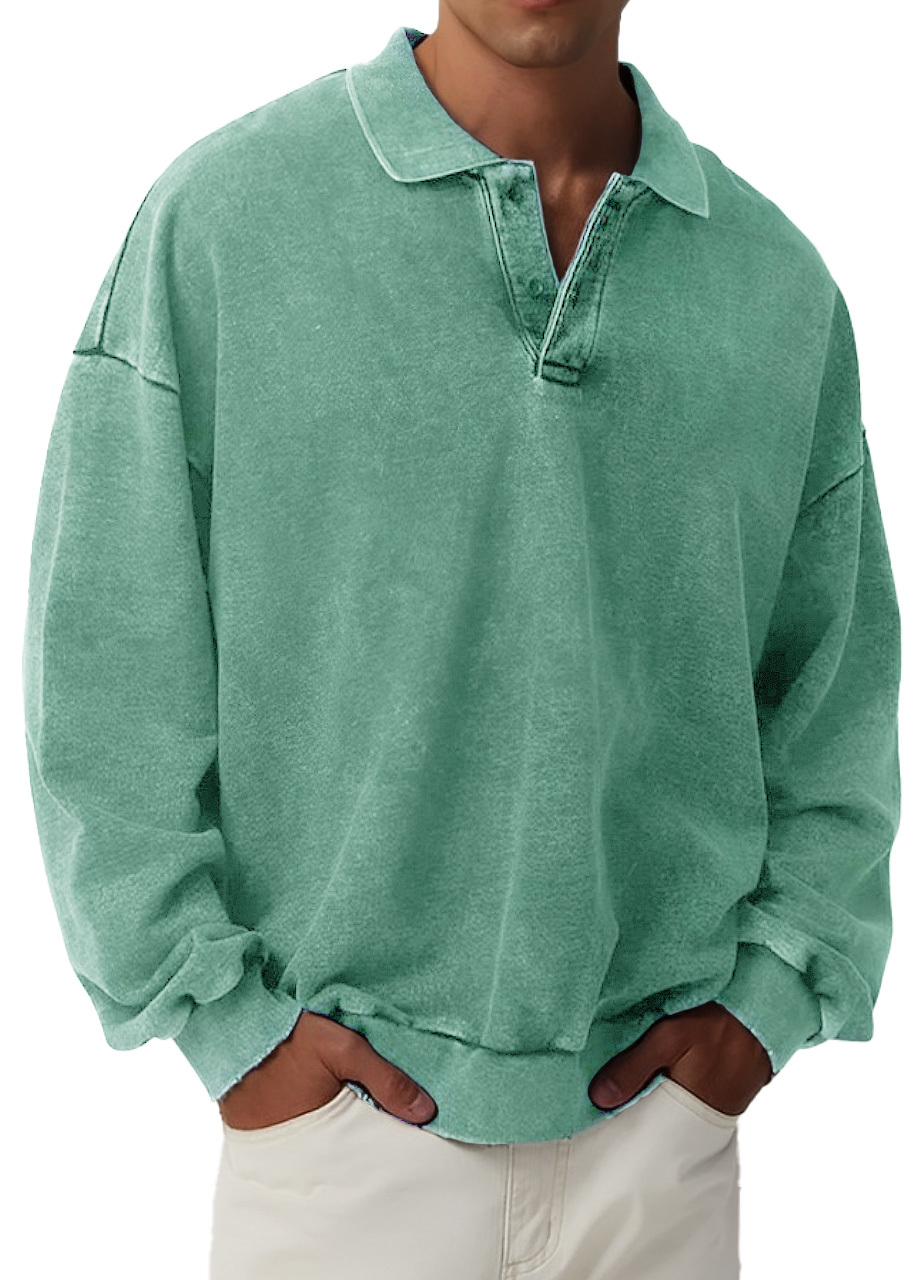 Men's Retro Fashion Distressed Lapel Long Sleeve Polo Sweatshirt