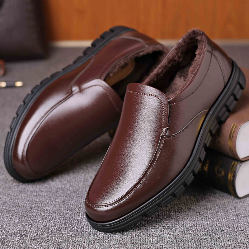 Men's Genuine Leather Slip-on Warm Winter Plush Soft Insole Casual Business Shoes
