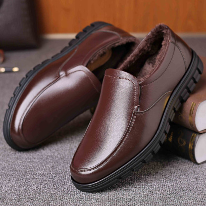 Men's Genuine Leather Slip-on Warm Winter Plush Soft Insole Casual Business Shoes