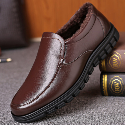 Men's Genuine Leather Slip-on Warm Winter Plush Soft Insole Casual Business Shoes