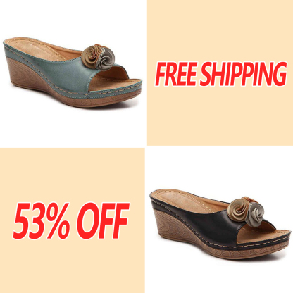 😍Last Day 50% OFF😍-Womens Comfy Leather Solid Flower Strap Wedge Sandals