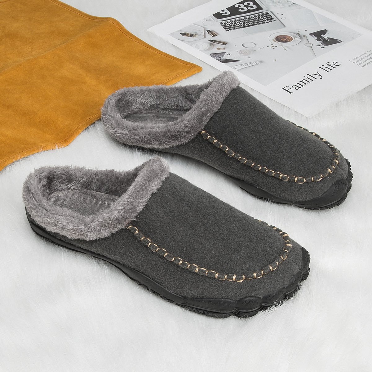 Men's Comfort Winter Warm Fleece Lined Casual Slippers Waterproof Indoor Outdoor Non-slip House Shoes