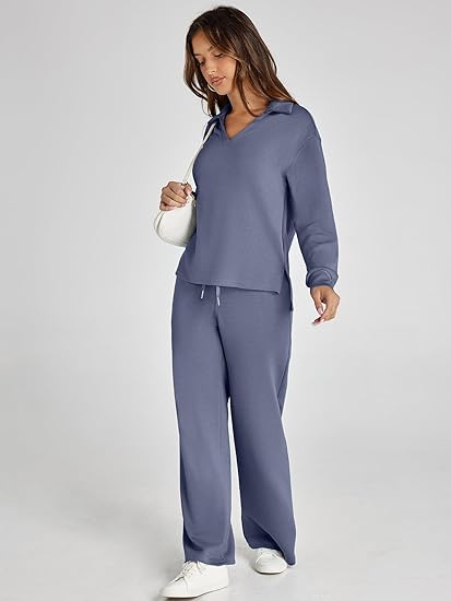 Women's Casual Long Sleeve Sweatsuits Polo Top and Wide Leg Pants Matching Sets