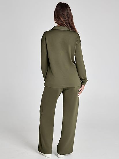 Women's Casual Long Sleeve Sweatsuits Polo Top and Wide Leg Pants Matching Sets