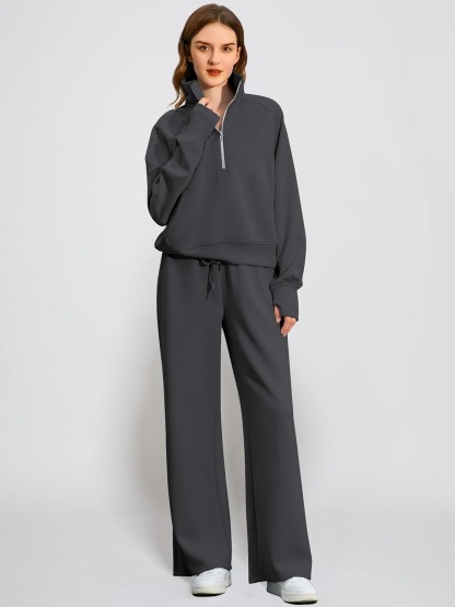 2025 Oversized Half Zip Sweatshirt Wide Leg Sweatpant Set Sweatsuit Tracksuit