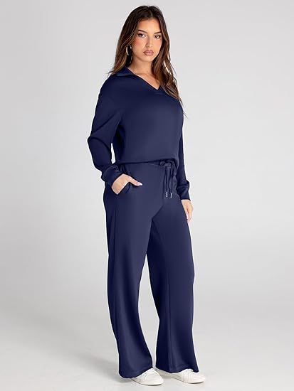 Women's Casual Long Sleeve Sweatsuits Polo Top and Wide Leg Pants Matching Sets