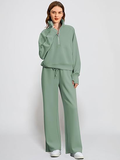 2025 Oversized Half Zip Sweatshirt Wide Leg Sweatpant Set Sweatsuit Tracksuit
