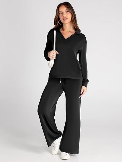Women's Casual Long Sleeve Sweatsuits Polo Top and Wide Leg Pants Matching Sets