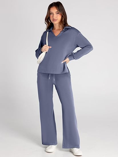 Women's Casual Long Sleeve Sweatsuits Polo Top and Wide Leg Pants Matching Sets