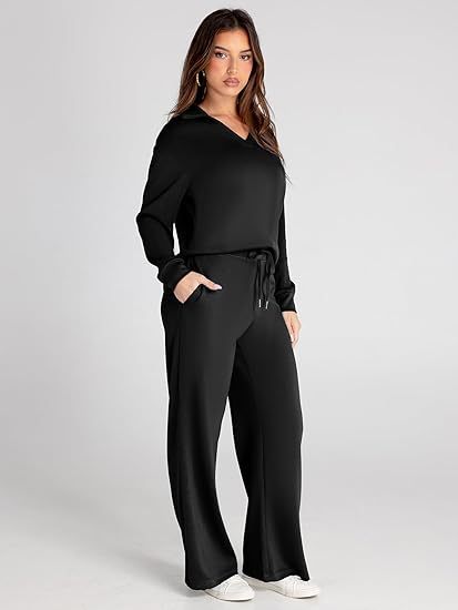 Women's Casual Long Sleeve Sweatsuits Polo Top and Wide Leg Pants Matching Sets