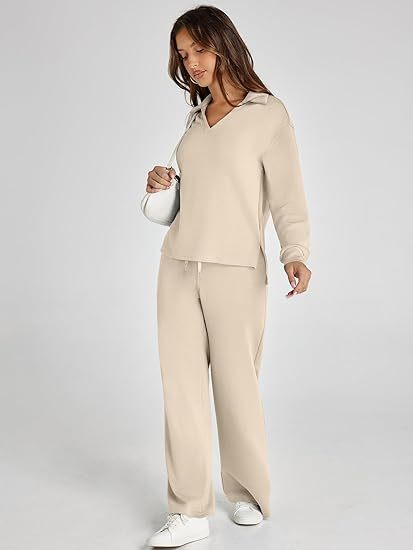 Women's Casual Long Sleeve Sweatsuits Polo Top and Wide Leg Pants Matching Sets