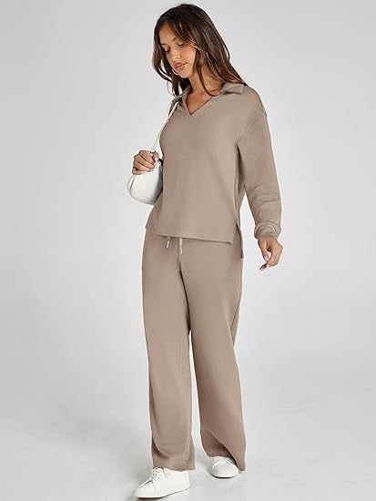 Women's Casual Long Sleeve Sweatsuits Polo Top and Wide Leg Pants Matching Sets