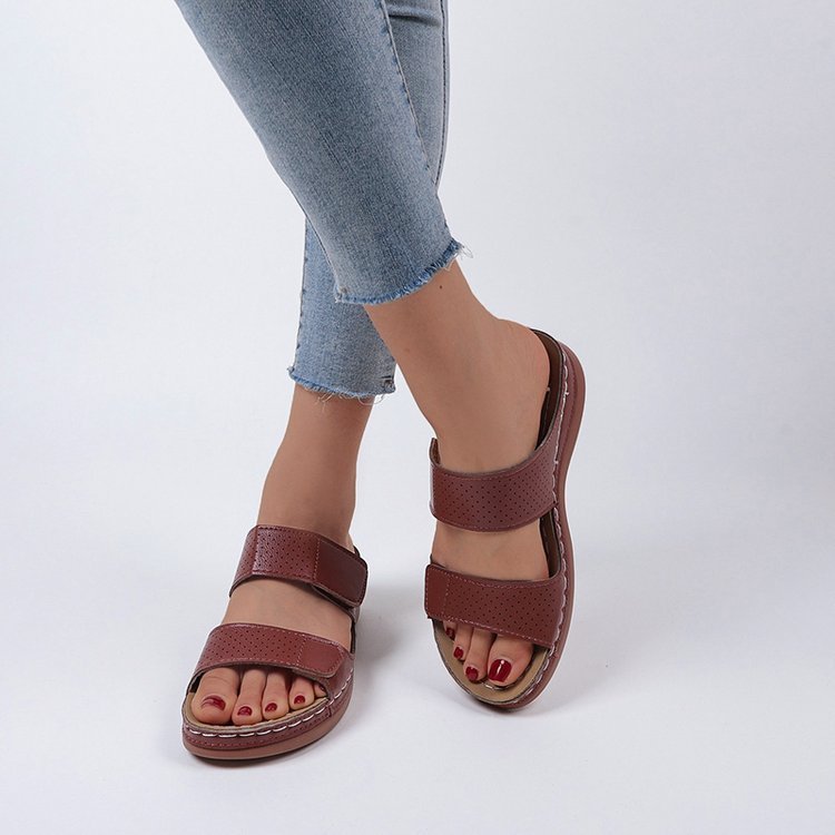 Women's Velcro solid color leather hollow breathable orthopedic wedge sandals